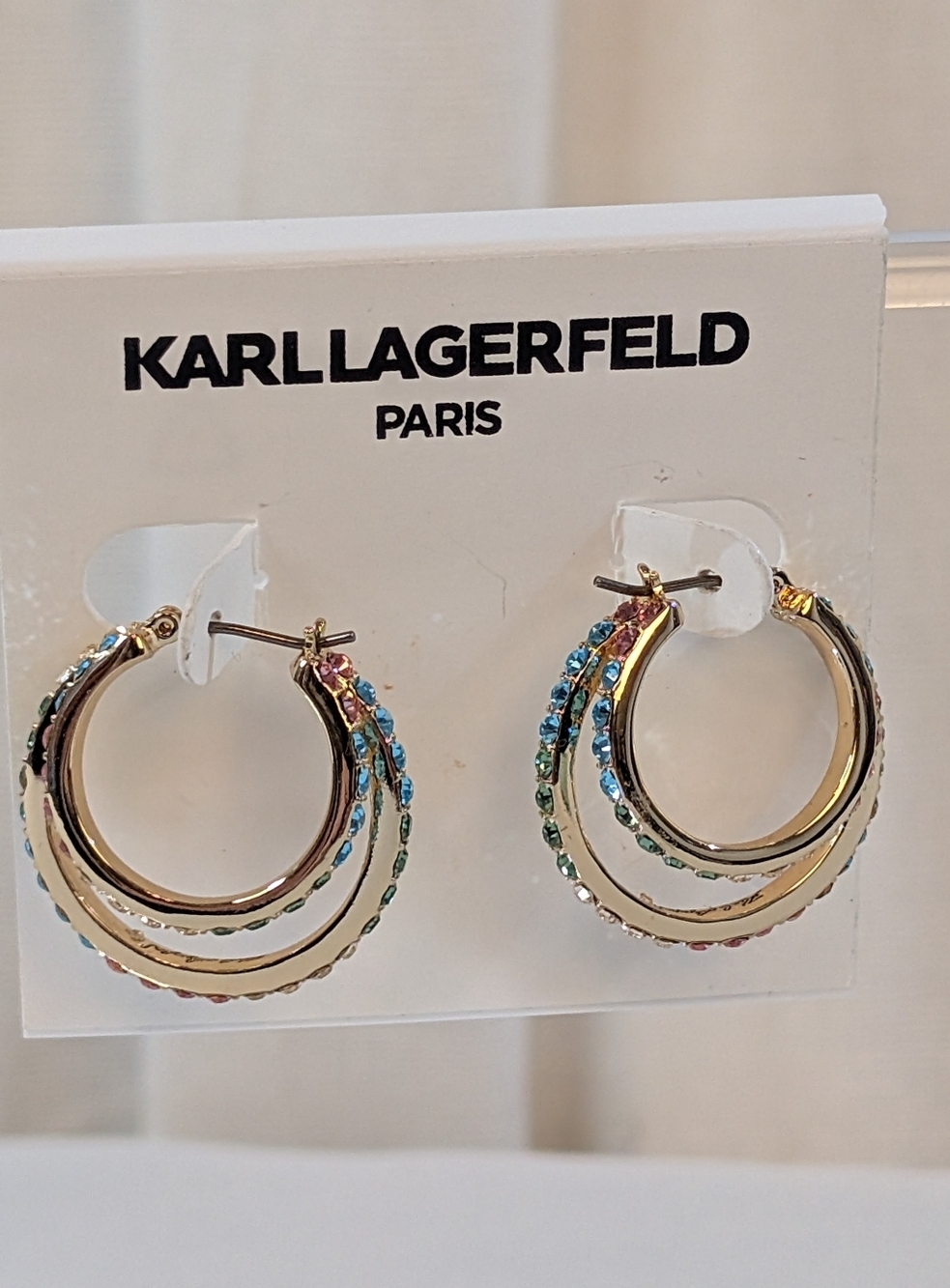 Karl Lagerfeld Gold Hoop Earrings With Multicolor Rainbow Stones - Picture 9 of 10